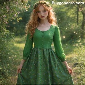 Vintage Green Dress With Floral Design And Gold Greek Key Detailing. Fairy Core.